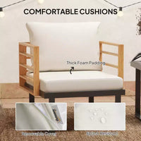 Ensemble bistro 3 pièces en métal, petit salon de jardin avec coussins, fauteuils, table à lattes pour balcon de jardin