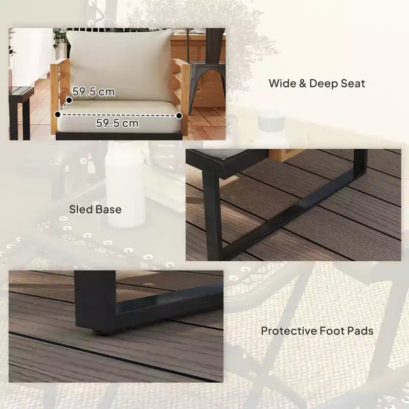 Ensemble bistro 3 pièces en métal, petit salon de jardin avec coussins, fauteuils, table à lattes pour balcon de jardin