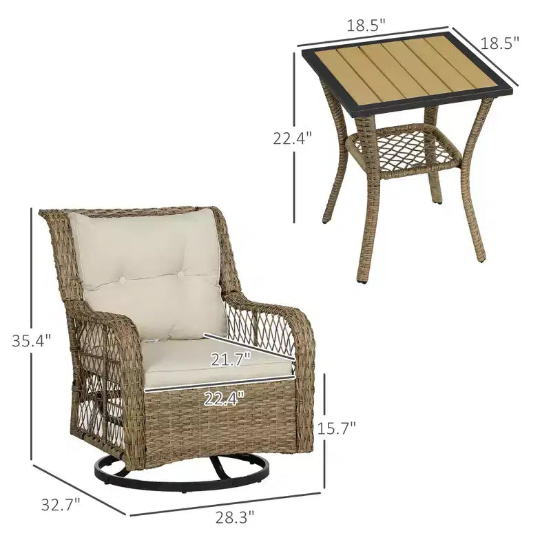 Ensemble bistro d'extérieur 3 pièces - Petit mobilier de patio en résine tressée avec chaises pivotantes planeur pour balcon, porche