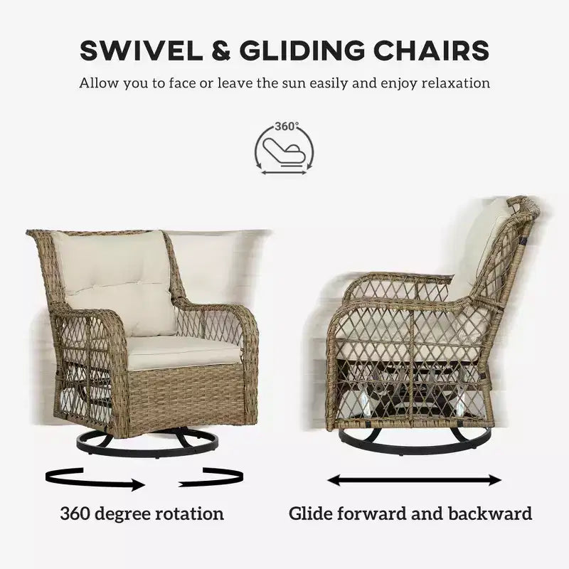 Ensemble bistro d'extérieur 3 pièces - Petit mobilier de patio en résine tressée avec chaises pivotantes planeur pour balcon, porche