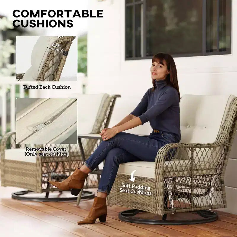 Ensemble bistro d'extérieur 3 pièces - Petit mobilier de patio en résine tressée avec chaises pivotantes planeur pour balcon, porche