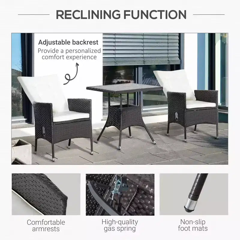 Ensemble de bistrot 3 pièces pour terrasse, ensemble de conversation en rotin PE avec chaises inclinables à coussins touffetés et table basse