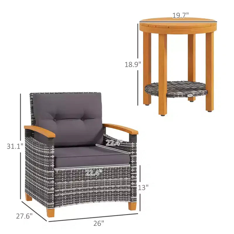 Ensemble bistrot extérieur, mobilier de jardin en osier avec coussins pour véranda, jardin