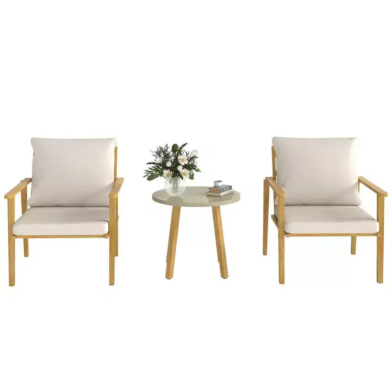Ensemble bistrot d'extérieur 3 pièces en métal avec chaises larges et profondes, table ronde et coussins