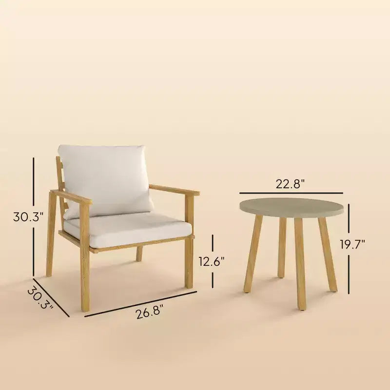 Ensemble bistrot d'extérieur 3 pièces en métal avec chaises larges et profondes, table ronde et coussins