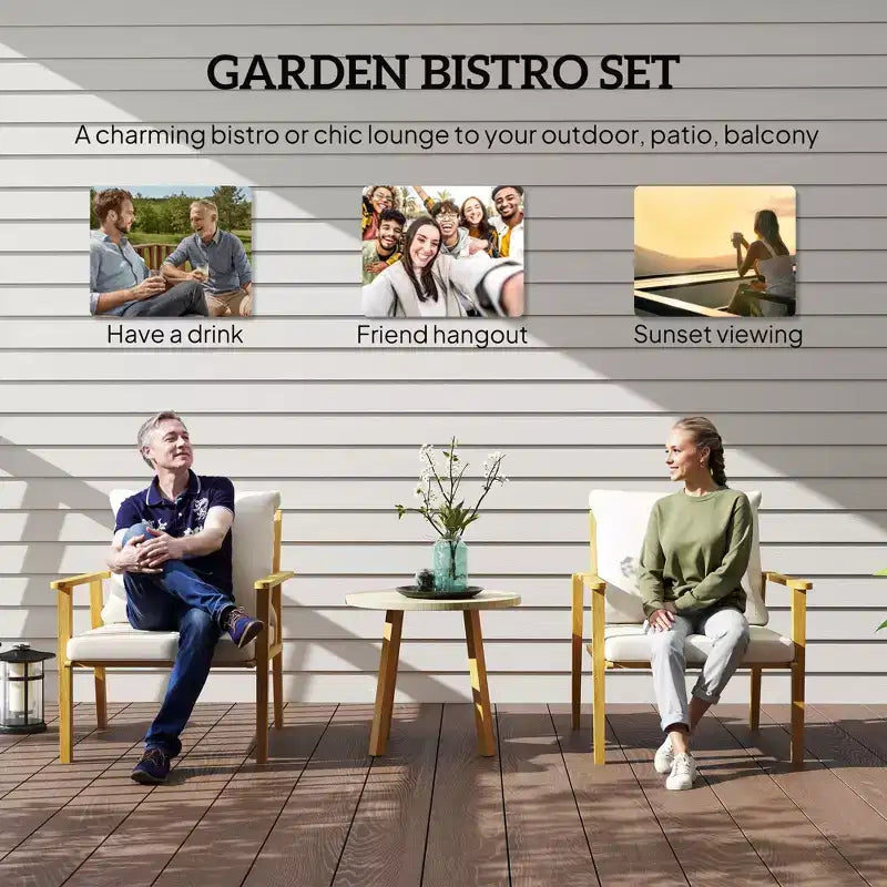 Ensemble bistrot d'extérieur 3 pièces en métal avec chaises larges et profondes, table ronde et coussins