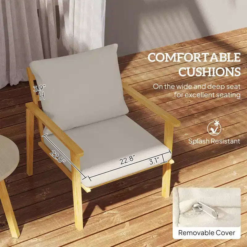 Ensemble bistrot d'extérieur 3 pièces en métal avec chaises larges et profondes, table ronde et coussins