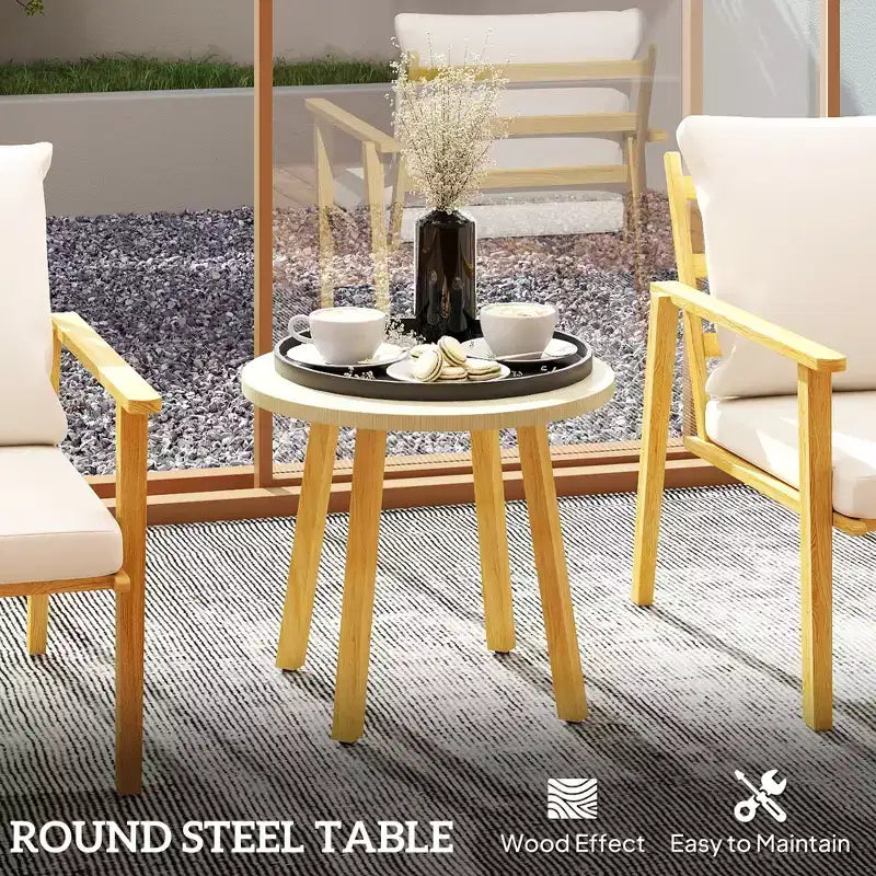 Ensemble bistrot d'extérieur 3 pièces en métal avec chaises larges et profondes, table ronde et coussins