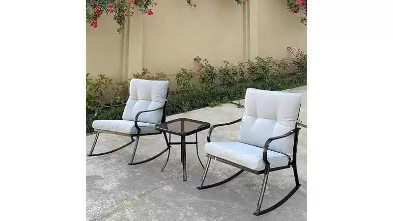 Ensemble de chaise à bascule et ensemble bistro de patio d'extérieur avec cadre en métal et coussins imperméables pour porche, arrière-cour et bord de piscine Blanc cassé