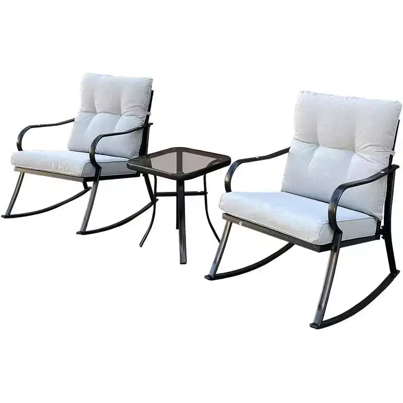 Ensemble de chaise à bascule et ensemble bistro de patio d'extérieur avec cadre en métal et coussins imperméables pour porche, arrière-cour et bord de piscine Blanc cassé