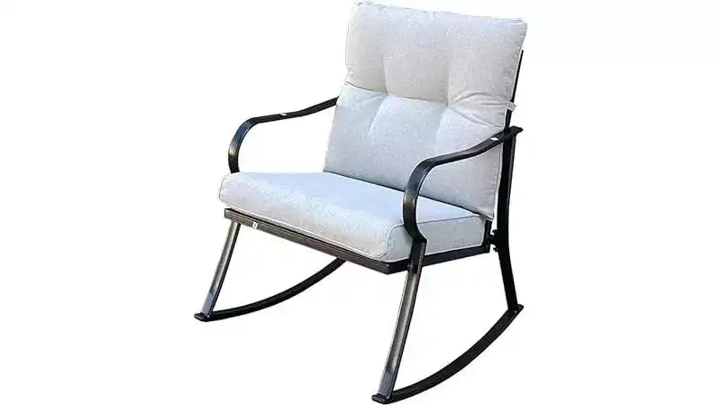 Ensemble de chaise à bascule et ensemble bistro de patio d'extérieur avec cadre en métal et coussins imperméables pour porche, arrière-cour et bord de piscine Blanc cassé