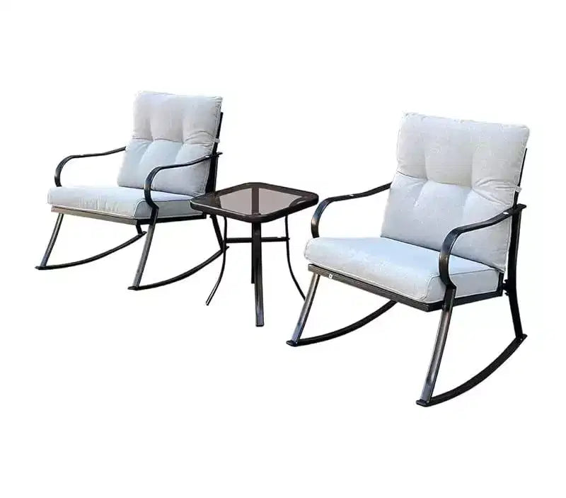 Ensemble de chaise à bascule et ensemble bistro de patio d'extérieur avec cadre en métal et coussins imperméables pour porche, arrière-cour et bord de piscine Blanc cassé