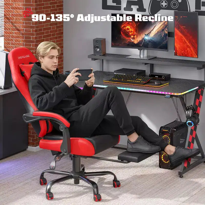 Chaise de jeu ergonomique basique RSPGAME pour adultes, chaises de bureau en cuir PU avec support lombaire vibrant et repose-pieds rétractable, chaises d'ordinateur de maison