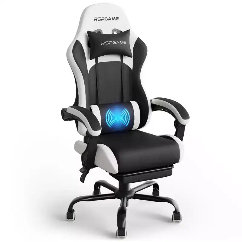 Chaise de jeu ergonomique basique RSPGAME pour adultes, chaises de bureau en cuir PU avec support lombaire vibrant et repose-pieds rétractable, chaises d'ordinateur de maison