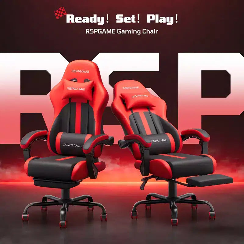 RSPGAME Chaises de jeu ergonomiques de base pour adultes, chaises de bureau en cuir PU avec support lombaire, coussin à ressorts ensachés et repose-pieds rétractable