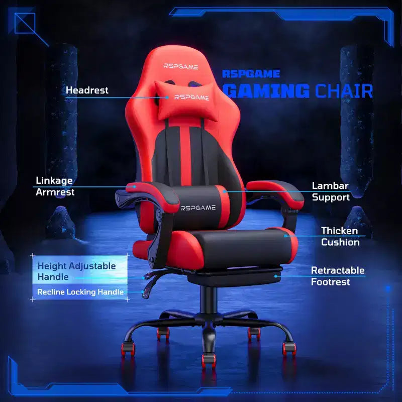 RSPGAME Chaises de jeu ergonomiques de base pour adultes, chaises de bureau en cuir PU avec support lombaire, coussin à ressorts ensachés et repose-pieds rétractable