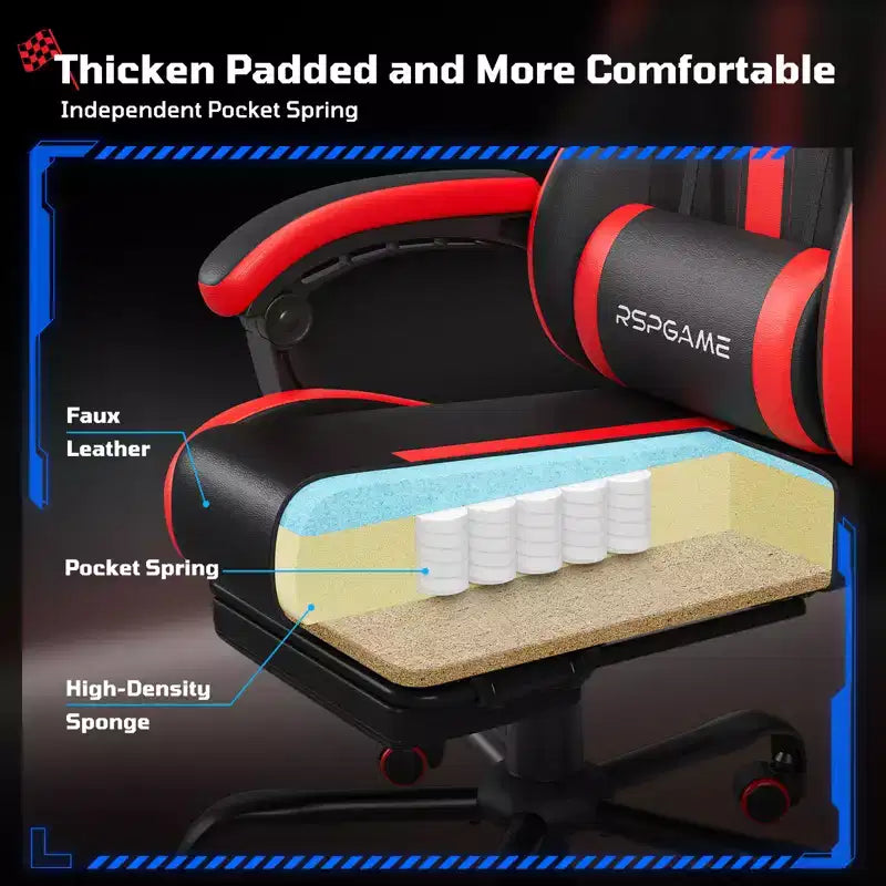 RSPGAME Chaises de jeu ergonomiques de base pour adultes, chaises de bureau en cuir PU avec support lombaire, coussin à ressorts ensachés et repose-pieds rétractable