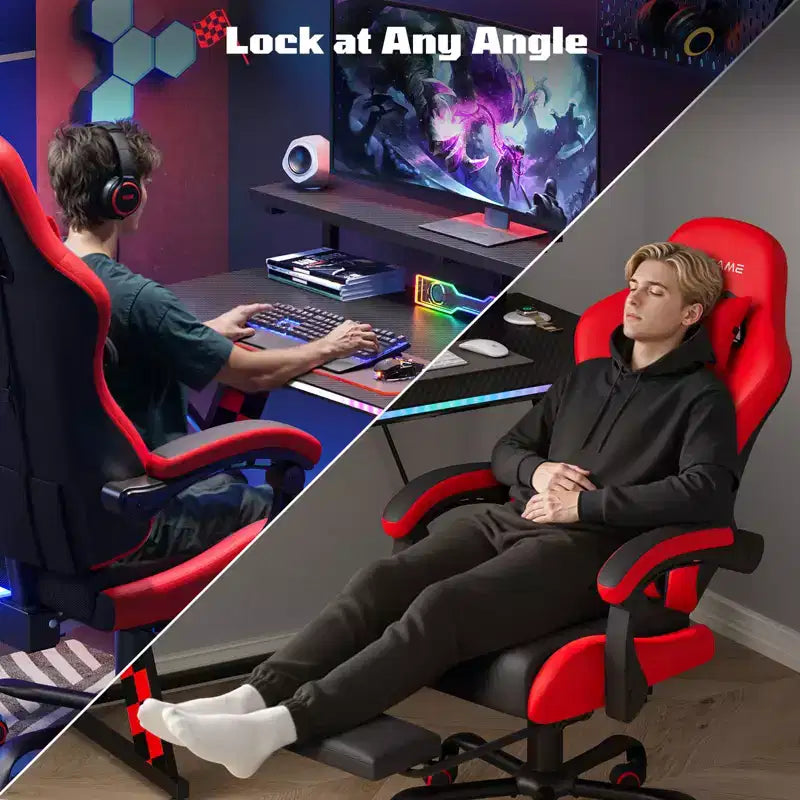 RSPGAME Chaises de jeu ergonomiques de base pour adultes, chaises de bureau en cuir PU avec support lombaire, coussin à ressorts ensachés et repose-pieds rétractable