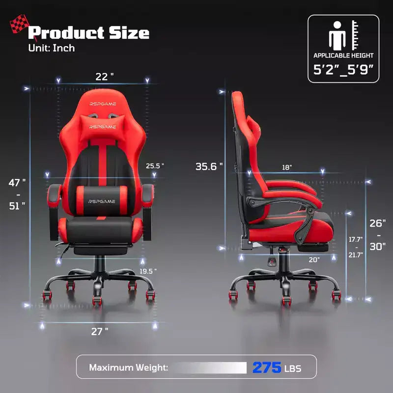 RSPGAME Chaises de jeu ergonomiques de base pour adultes, chaises de bureau en cuir PU avec support lombaire, coussin à ressorts ensachés et repose-pieds rétractable