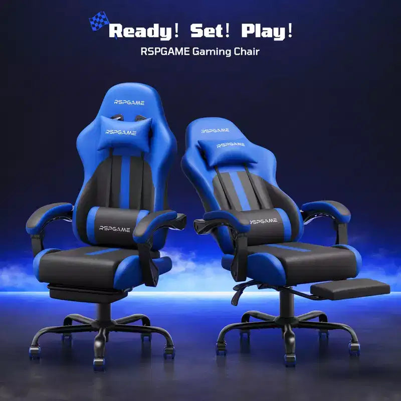 RSPGAME Chaises de jeu ergonomiques de base pour adultes, chaises de bureau en cuir PU avec support lombaire, coussin à ressorts ensachés et repose-pieds rétractable