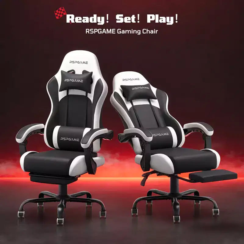RSPGAME Chaises de jeu ergonomiques de base pour adultes, chaises de bureau en cuir PU avec support lombaire, coussin à ressorts ensachés et repose-pieds rétractable