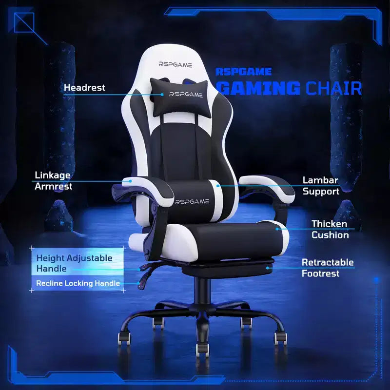 RSPGAME Chaises de jeu ergonomiques de base pour adultes, chaises de bureau en cuir PU avec support lombaire, coussin à ressorts ensachés et repose-pieds rétractable
