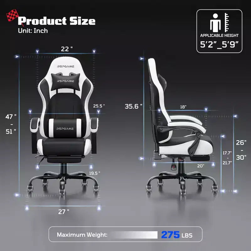 RSPGAME Chaises de jeu ergonomiques de base pour adultes, chaises de bureau en cuir PU avec support lombaire, coussin à ressorts ensachés et repose-pieds rétractable
