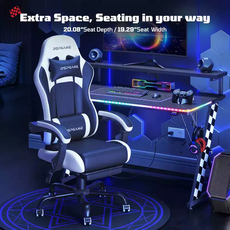 RSPGAME Chaises de jeu ergonomiques de base pour adultes, chaises de bureau en cuir PU avec support lombaire, coussin à ressorts ensachés et repose-pieds rétractable