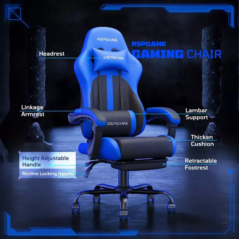 RSPGAME Chaises de jeu ergonomiques de base pour adultes, chaises de bureau en cuir PU avec support lombaire, coussin à ressorts ensachés et repose-pieds rétractable
