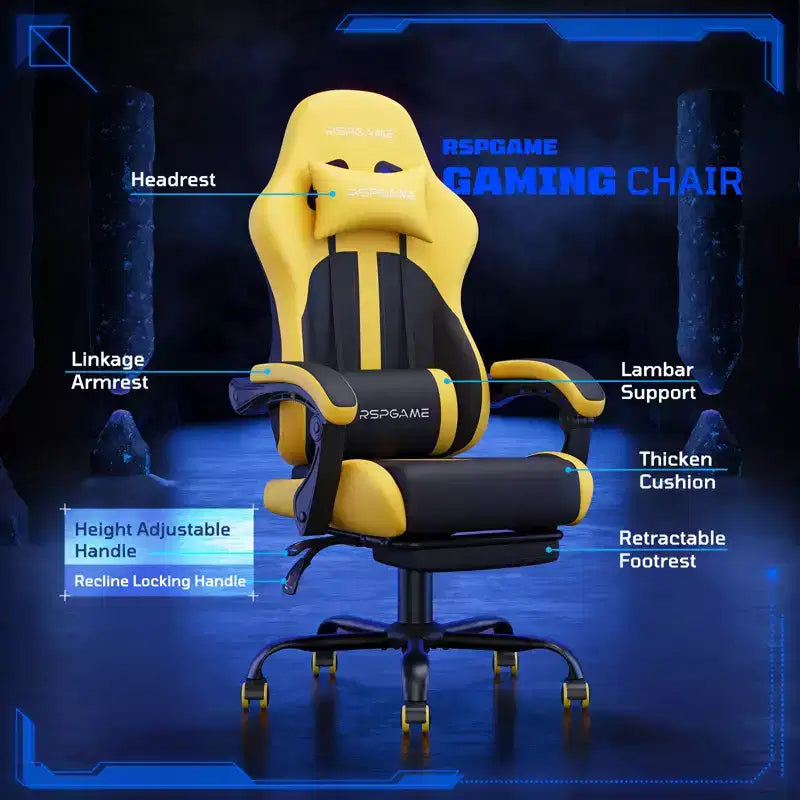 RSPGAME Chaises de jeu ergonomiques de base pour adultes, chaises de bureau en cuir PU avec support lombaire, coussin à ressorts ensachés et repose-pieds rétractable