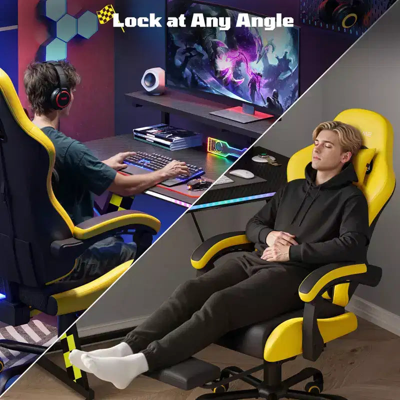 RSPGAME Chaises de jeu ergonomiques de base pour adultes, chaises de bureau en cuir PU avec support lombaire, coussin à ressorts ensachés et repose-pieds rétractable