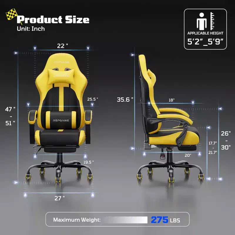 RSPGAME Chaises de jeu ergonomiques de base pour adultes, chaises de bureau en cuir PU avec support lombaire, coussin à ressorts ensachés et repose-pieds rétractable