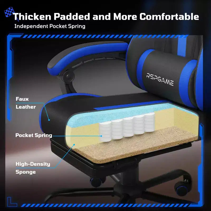 RSPGAME Chaises de jeu ergonomiques de base pour adultes, chaises de bureau en cuir PU avec support lombaire, coussin à ressorts ensachés et repose-pieds rétractable