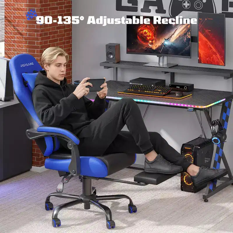 RSPGAME Chaises de jeu ergonomiques de base pour adultes, chaises de bureau en cuir PU avec support lombaire, coussin à ressorts ensachés et repose-pieds rétractable