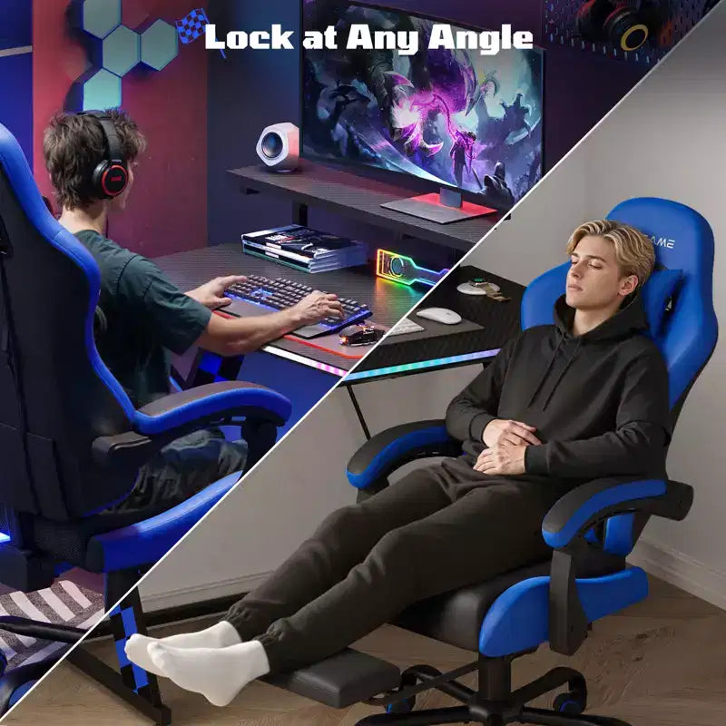 RSPGAME Chaises de jeu ergonomiques de base pour adultes, chaises de bureau en cuir PU avec support lombaire, coussin à ressorts ensachés et repose-pieds rétractable