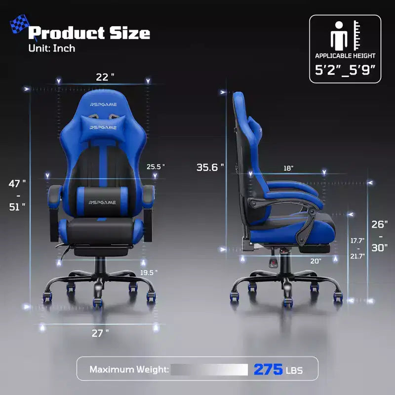 RSPGAME Chaises de jeu ergonomiques de base pour adultes, chaises de bureau en cuir PU avec support lombaire, coussin à ressorts ensachés et repose-pieds rétractable