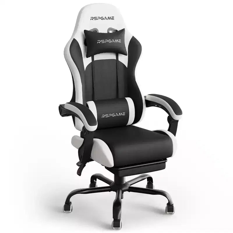 RSPGAME Chaises de jeu ergonomiques de base pour adultes, chaises de bureau en cuir PU avec support lombaire, coussin à ressorts ensachés et repose-pieds rétractable