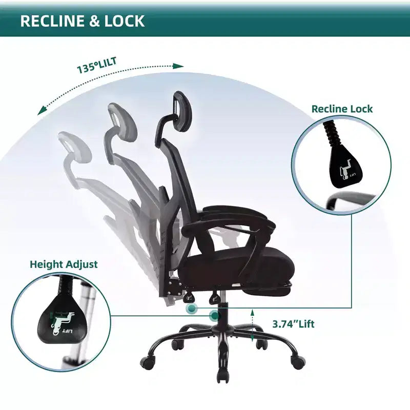Chaise croisée pivotante en maille TUYOHW à roulettes, chaise de bureau avec repose-pieds rétractable, chaise gaming avec coussin de soutien lombaire pour le bureau