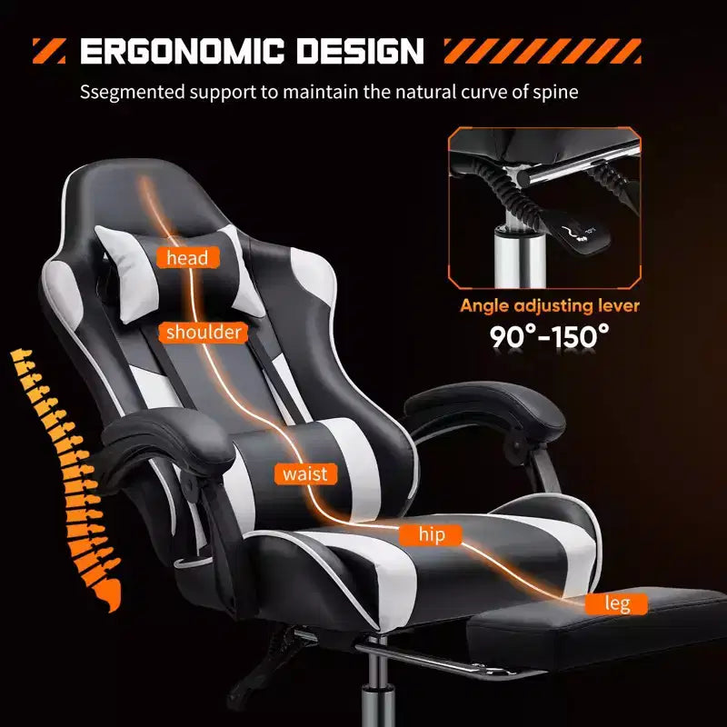 TUYOHW Chaise criss-cross en cuir PU à roulettes avec repose-pieds et support lombaire, chaise de bureau avec accoudoir fixe relevé, chaise de jeu pour bureau