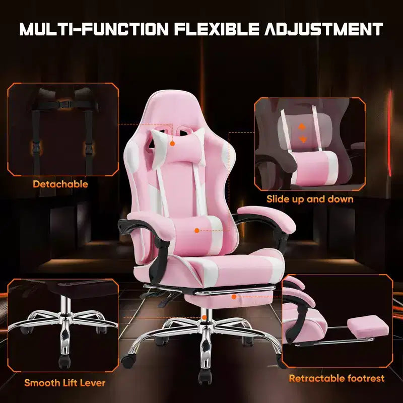 TUYOHW Chaise criss-cross en cuir PU à roulettes avec repose-pieds et support lombaire, chaise de bureau avec accoudoir fixe relevé, chaise de jeu pour bureau