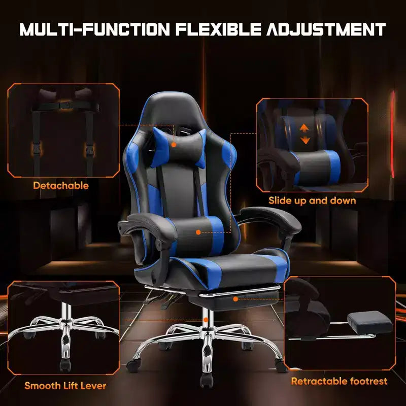 TUYOHW Chaise criss-cross en cuir PU à roulettes avec repose-pieds et support lombaire, chaise de bureau avec accoudoir fixe relevé, chaise de jeu pour bureau