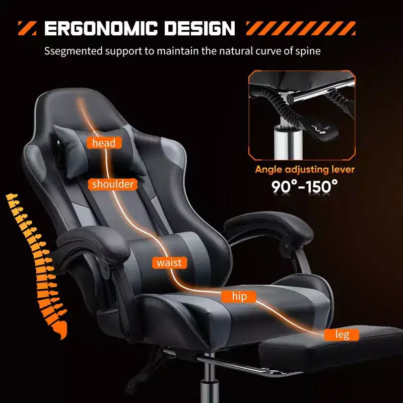 TUYOHW Chaise criss-cross en cuir PU à roulettes avec repose-pieds et support lombaire, chaise de bureau avec accoudoir fixe relevé, chaise de jeu pour bureau