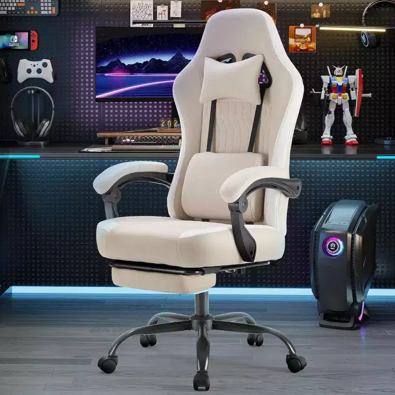 TUYOHW Fauteuil de bureau en microfibre pivotant à roulettes, avec appui-tête et coussin lombaire amovibles, chaise de jeu pour bureau