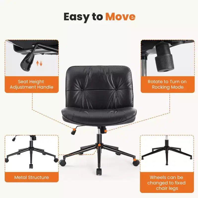TUYOHW Chaise de Bureau Croisée Pivotante en Cuir PU à Roulettes, Chaise de Bureau avec Hauteur Réglable et Support Lombaire, Chaise de Gaming sans Accoudoirs pour le Bureau
