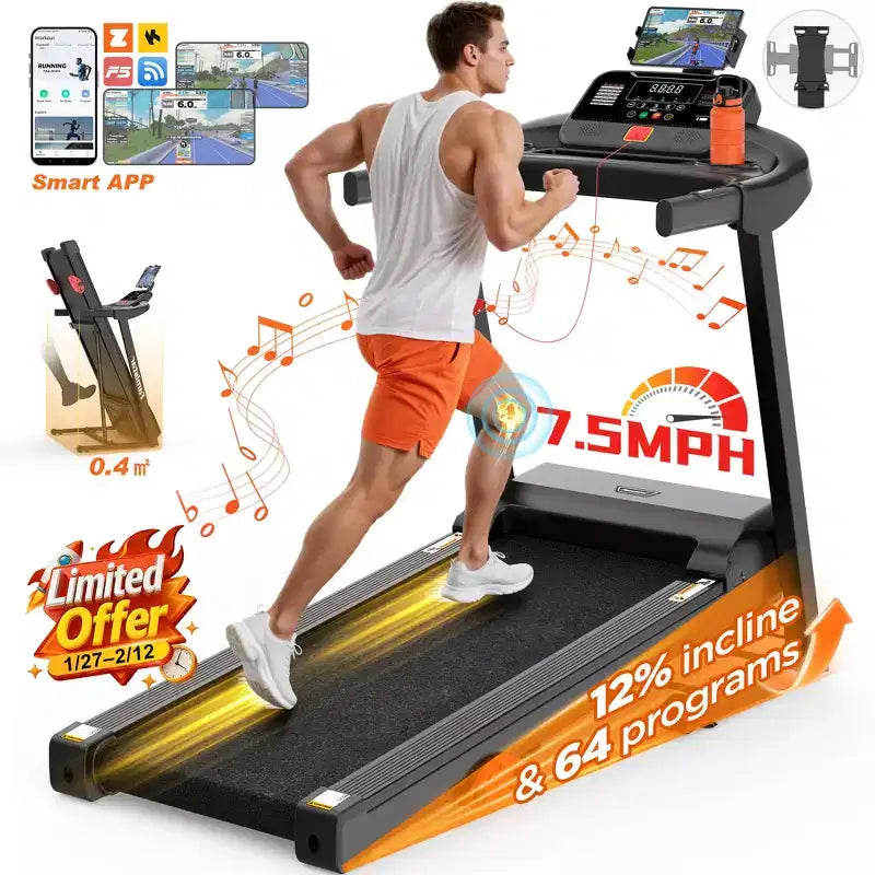 Tapis de Course Pliable 3 CV pour la Maison avec Inclinaison et Capacité de 136 kg, Contrôle via Application, Machine Compacte pour la Marche et la Course