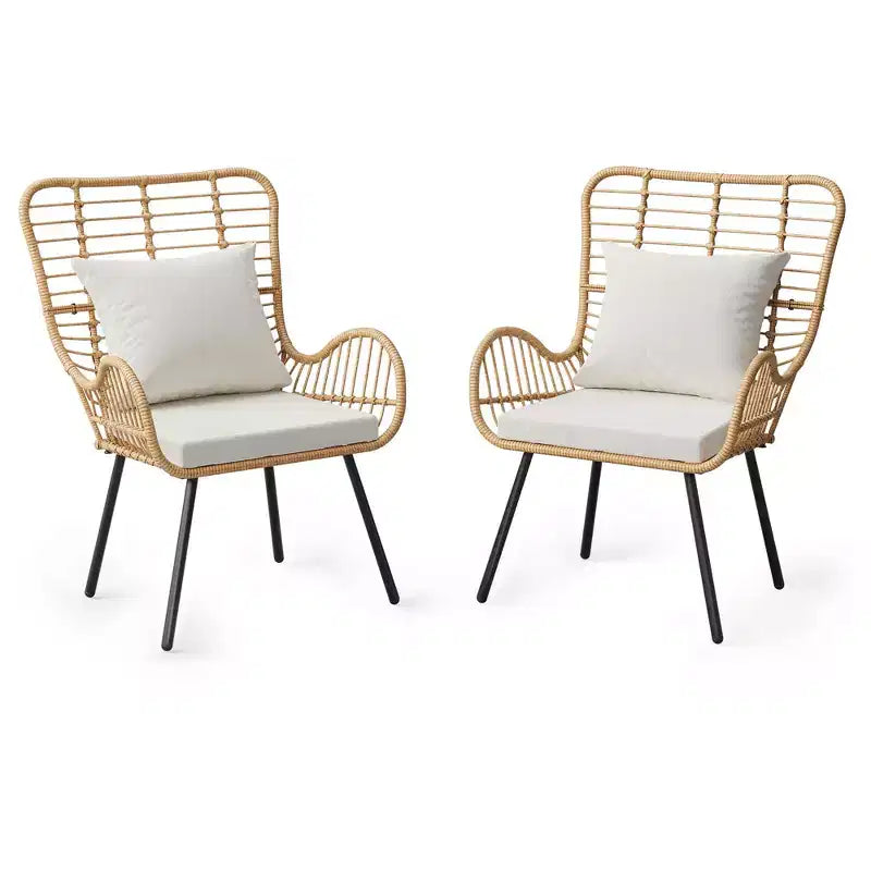 Lot de 2 chaises en osier d'extérieur, chaises de patio en osier d'intérieur/extérieur, fauteuil de club toutes saisons avec coussins résistants à l'eau, style bohème, marron