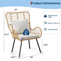 Lot de 2 chaises en osier d'extérieur, chaises de patio en osier d'intérieur/extérieur, fauteuil de club toutes saisons avec coussins résistants à l'eau, style bohème, marron
