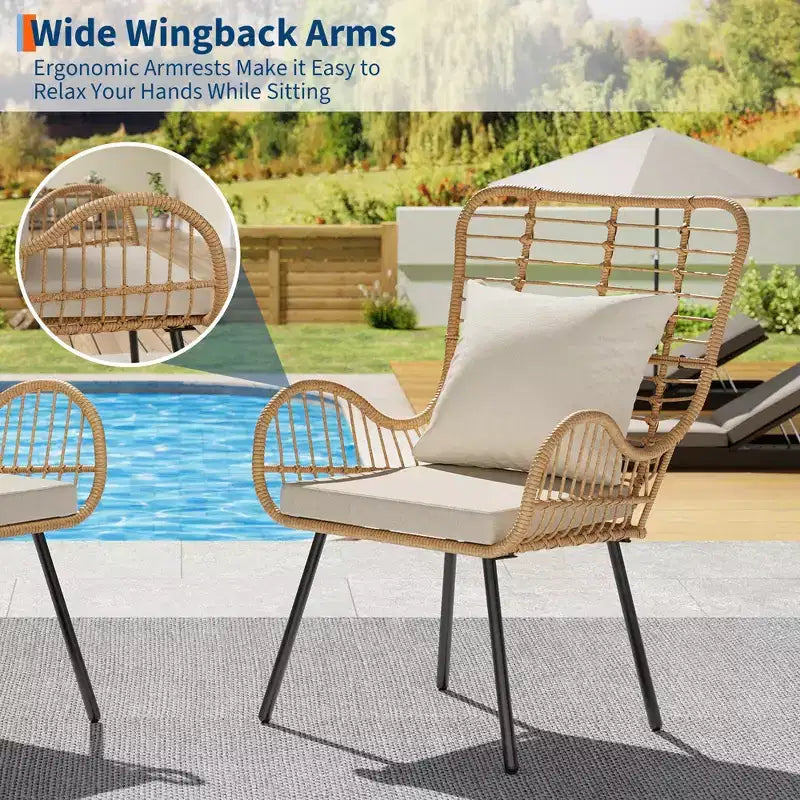Lot de 2 chaises en osier d'extérieur, chaises de patio en osier d'intérieur/extérieur, fauteuil de club toutes saisons avec coussins résistants à l'eau, style bohème, marron