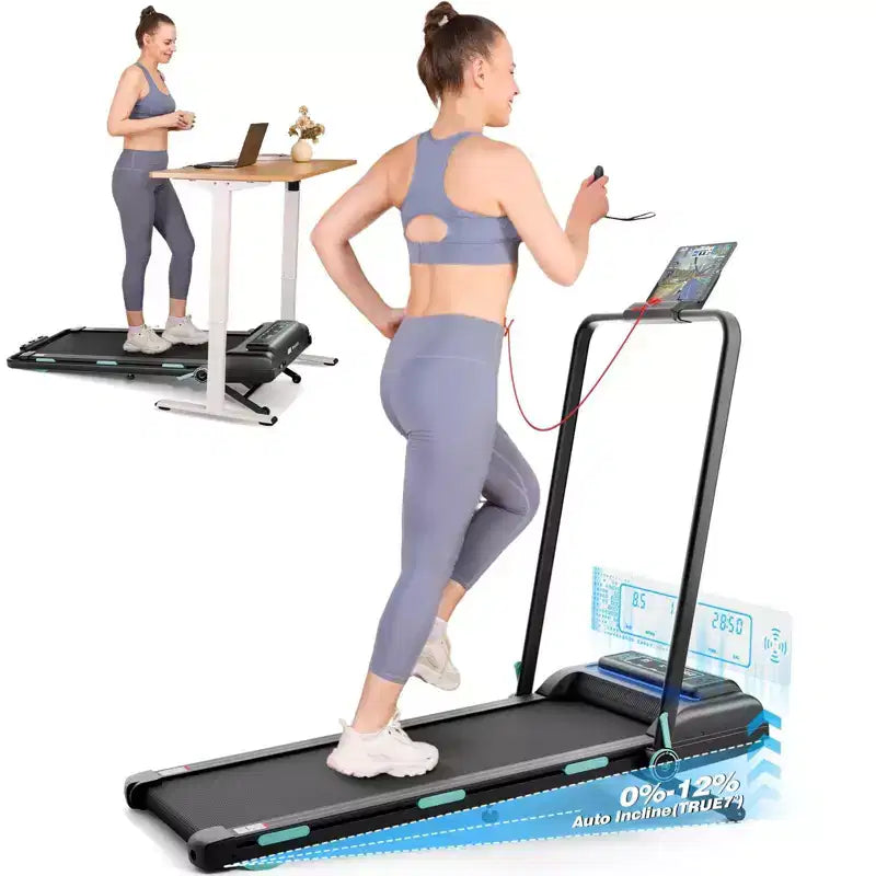 Tapis de marche NAYSAYE avec barre de poignée pliable, tapis roulant sous le bureau de 450 lb avec inclinaison automatique pour la randonnée à domicile, noir, 55*26*7,87