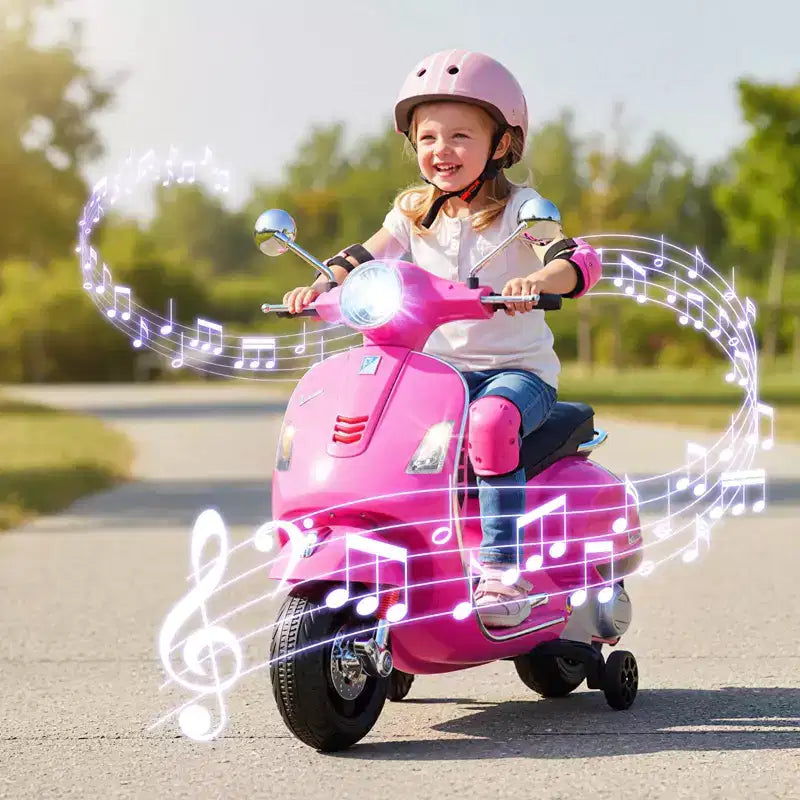 Costway Moto Électrique Enfant VESPA sous Licence 12V avec Musique Klaxon Histoire Roues Stabilisatrices Rouge/Rose/Vert/Blanc